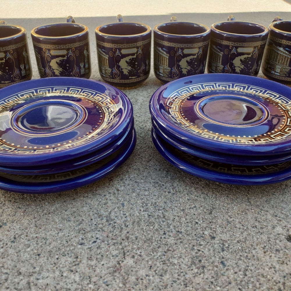 [Euroceramika] 24K Gold Vintage Handpainted Greek Key Espresso Cups & Saucers